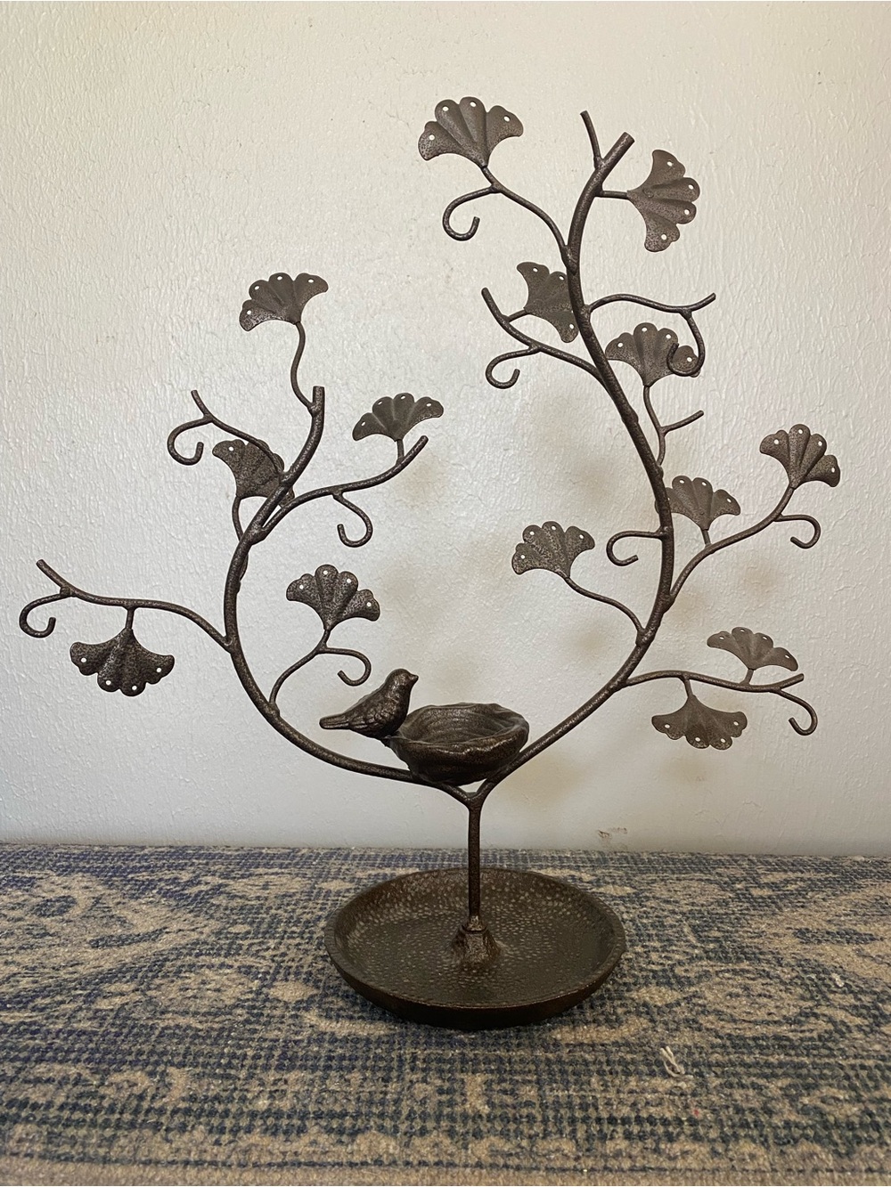 Bronze Cast Iron Ginkgo Leaf Jewelry Tree  Organizer with Bird Nest Trinket Dish - Picture 3 of 7